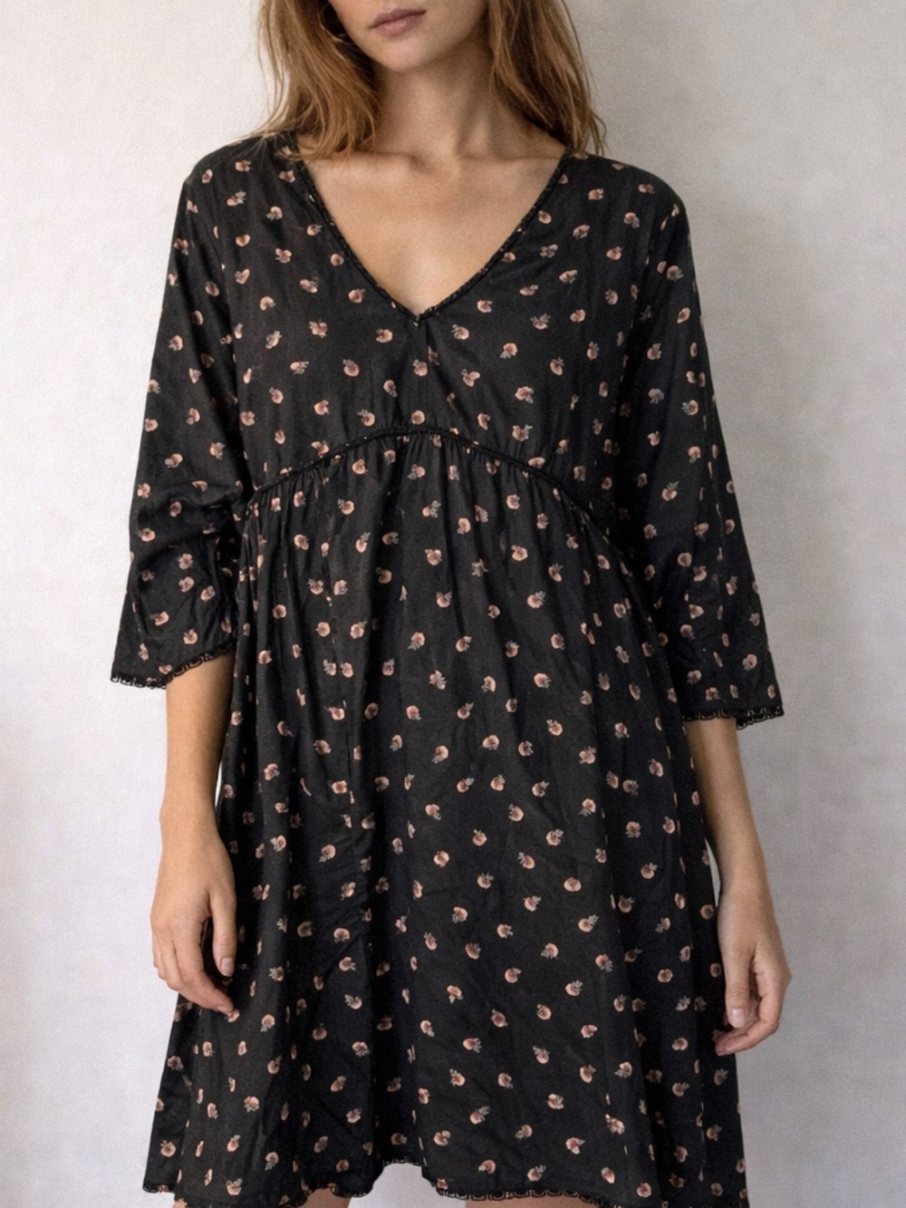 Thierry Colson Black Floral Cotton Babydoll Dress Large Cottage Prairie Indie